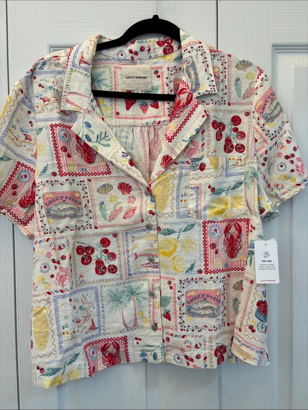 Lucky Brand Women's Short-Sleeve Postcard Print Linen Button-Front Camp Shirt XL